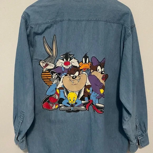 Vintage 90s Looney Tunes Denim Shirt with Cartoon Characters - Picture 2 of 8